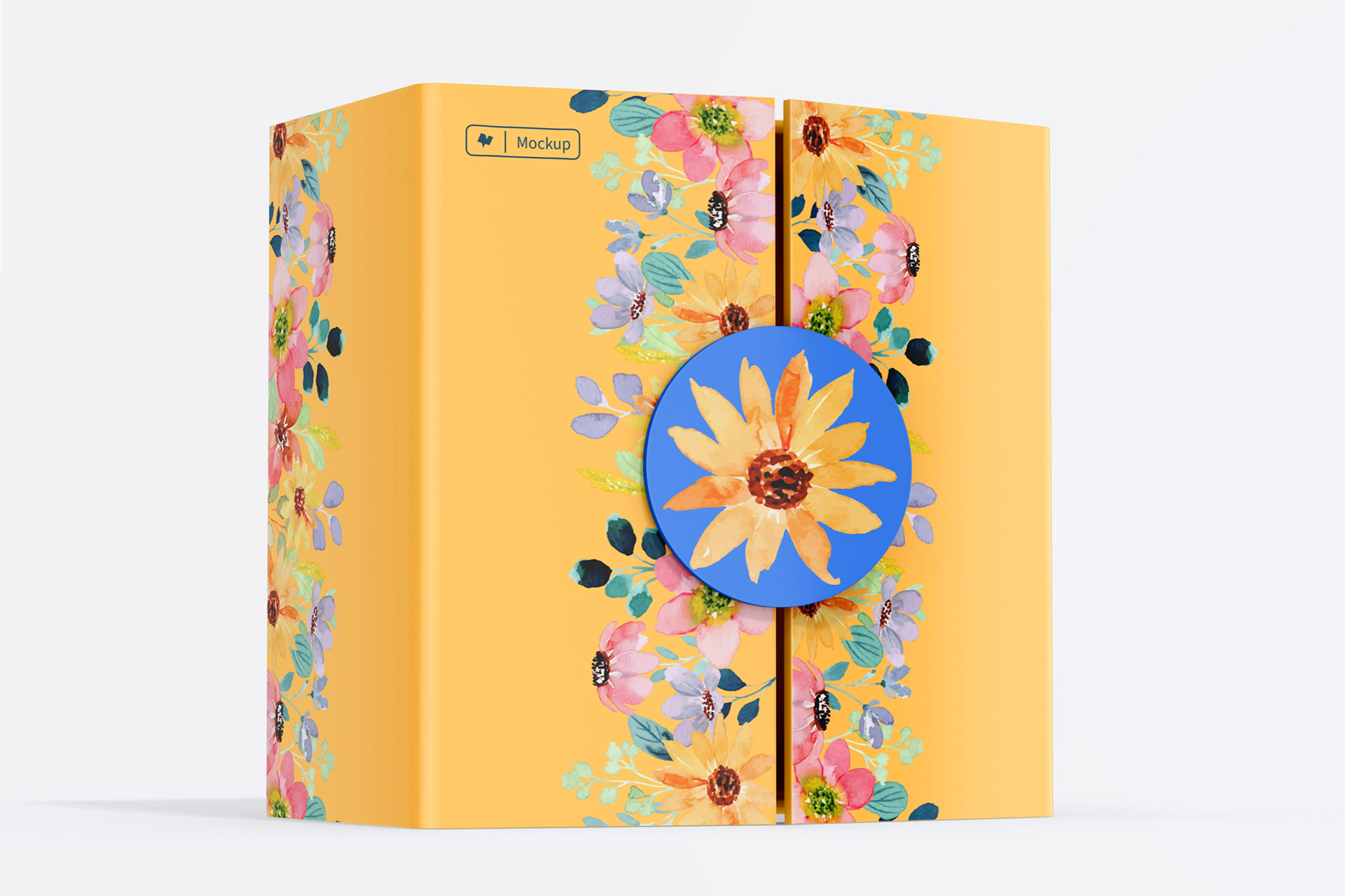 middle open of lid rigid closure box mockup with yellow color flower patterns