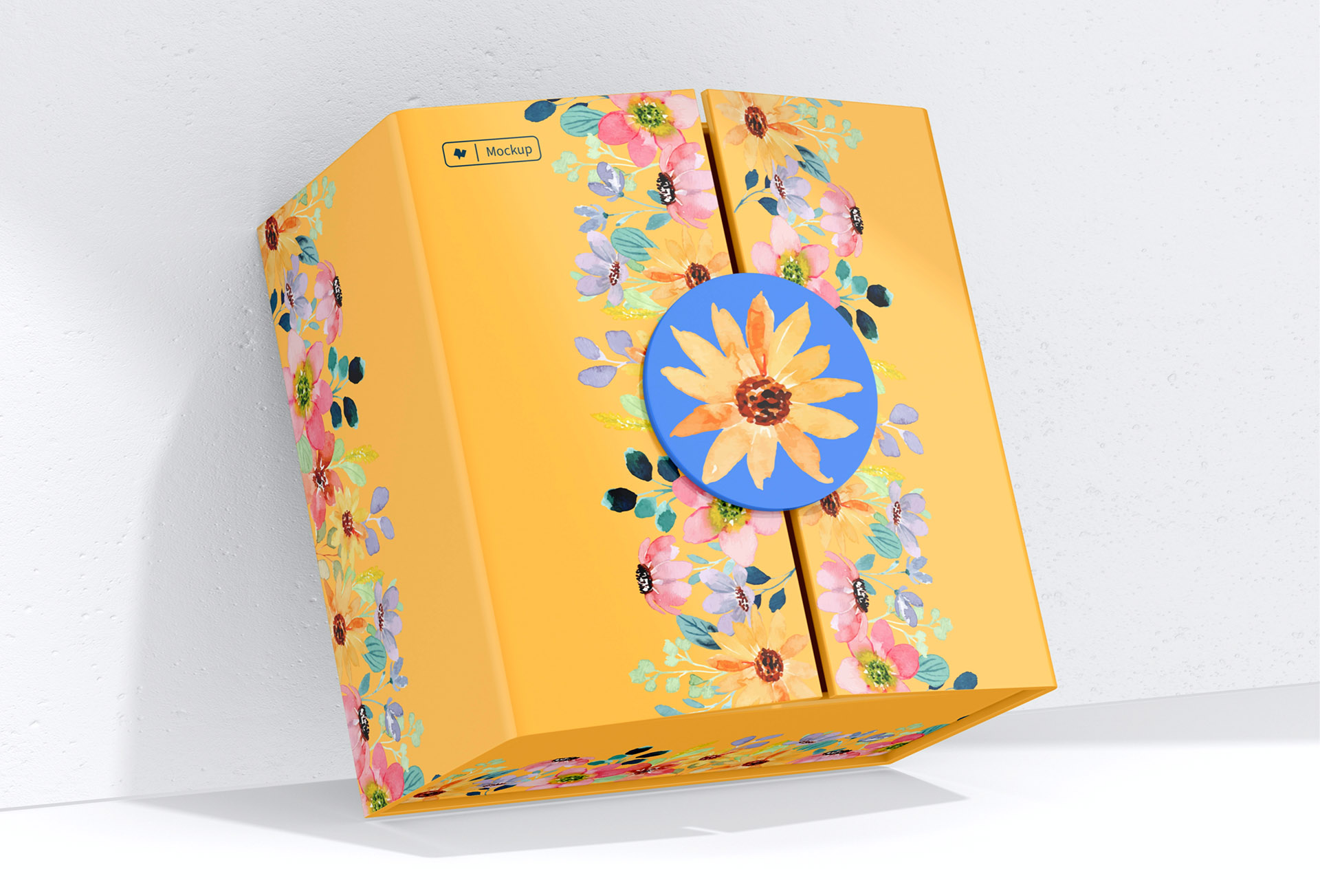 middle open of lid rigid closure box mockup with yellow color flower patterns