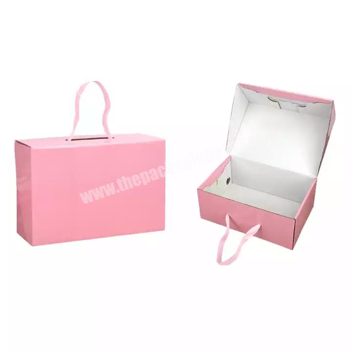 New Wholesale Custom Foldable Corrugated Cardboard Handbag Packaging Clothing Underwear Shoe Box With Ribbon Handle