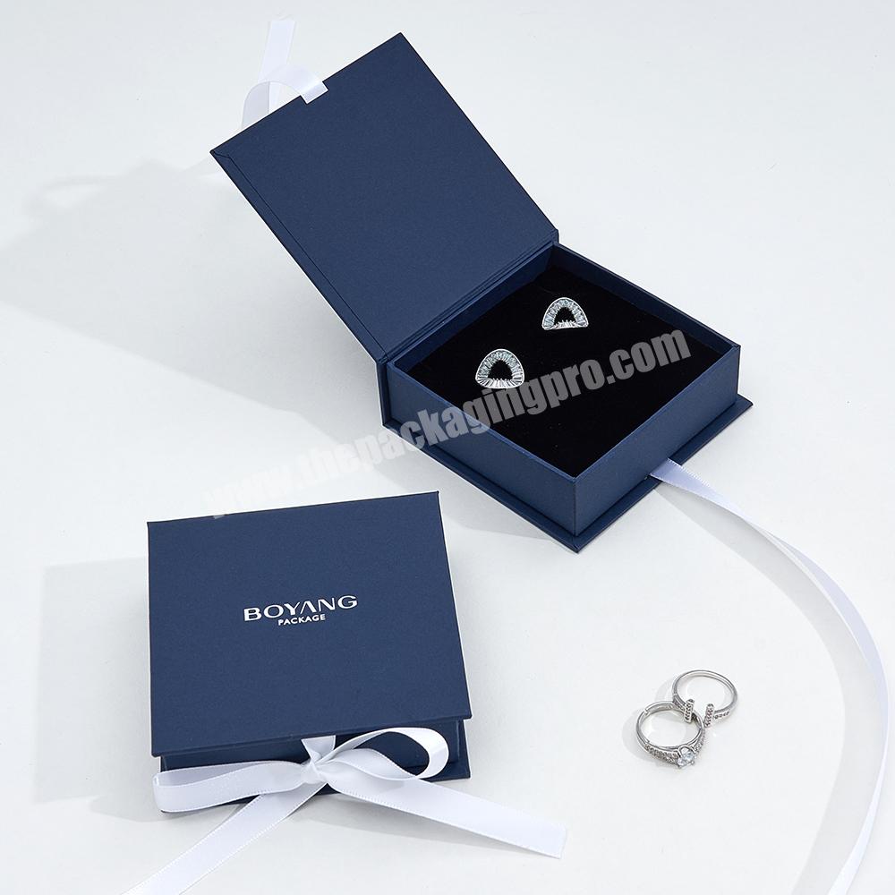 OEM ODM ECO Paper Ring Necklace Earring Gift Box Packaging Blue Jewelry Ribbon Box