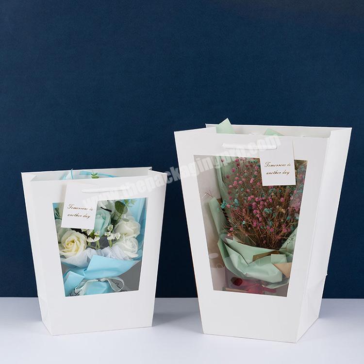 Portable Bouquet Packaging Waterproof Eco Friendly Transparent Window Paper Bag For Flower With Handle