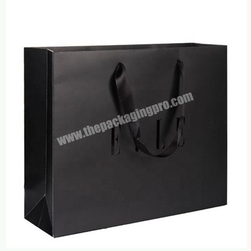 Small MOQ customized uv logo printed black shoes clothing wedding dress store packaging shopping bag with ribbon handles
