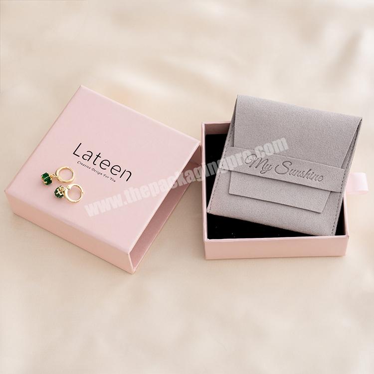 Wholesale Custom Logo Pink Jewelry Box Set Ring Necklace Bracelet Cardboard Paper Sliding Earring Boxes Microfiber Jewelry Pouch