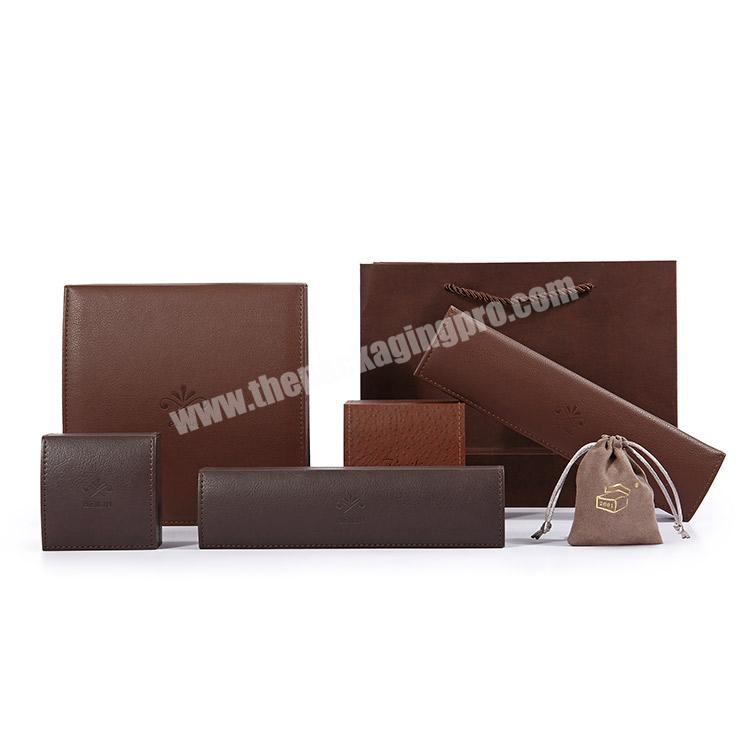 Wholesale Custom Logo Printed Luxury Brown Black Earring Ring Necklace Bracelet Packaging Pu Leather Jewelry Box with Pouch