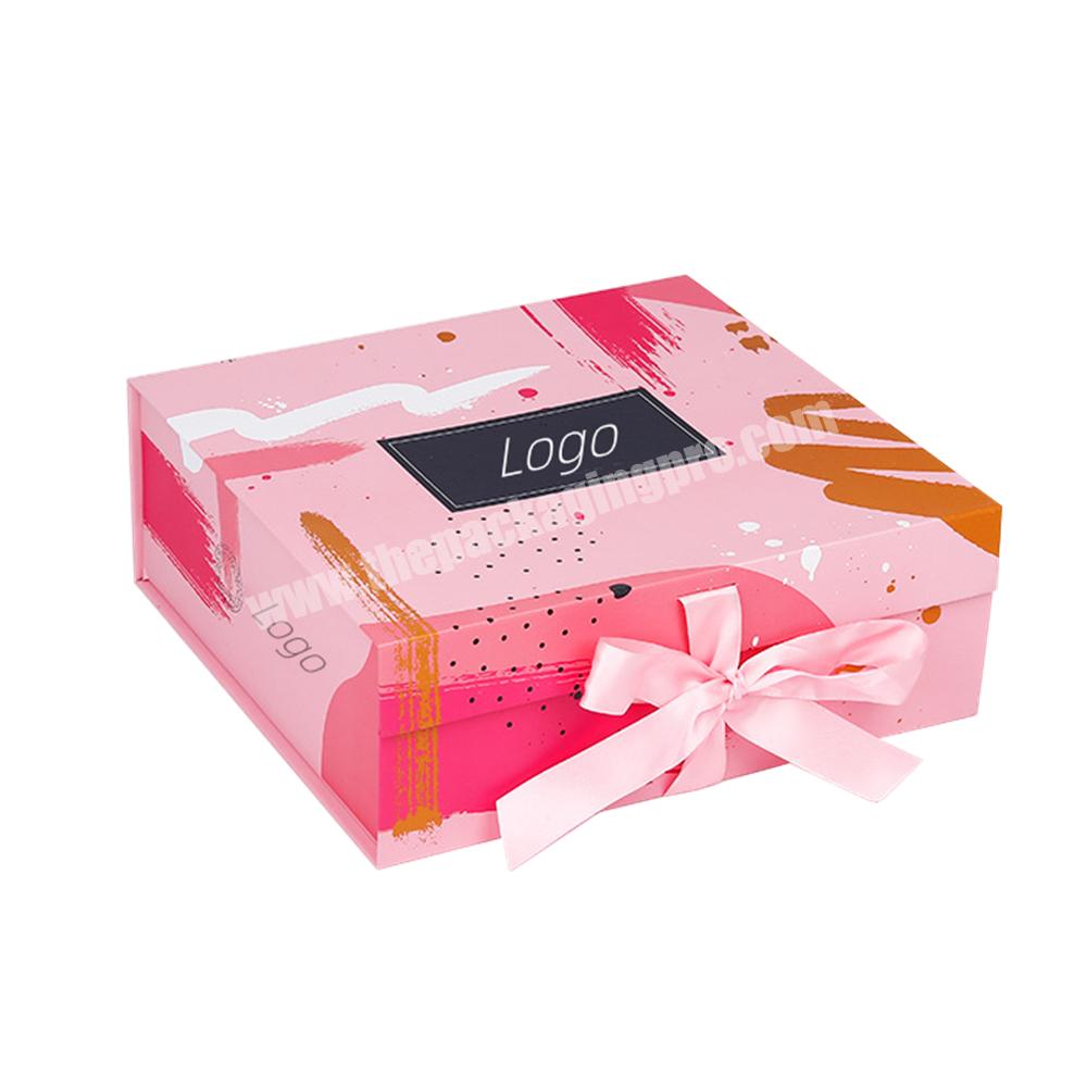 Wholesale Custom Luxury Logo Printed Pink Magnetic Gift Box with Ribbon