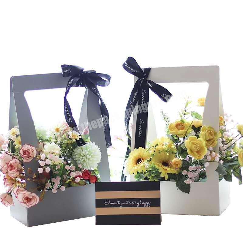 Wholesale Custom White Black Pink Kraft Paper Gift Box Hand Florist Planter Carry Flower Bag Bouquet Bag With Flat Handle