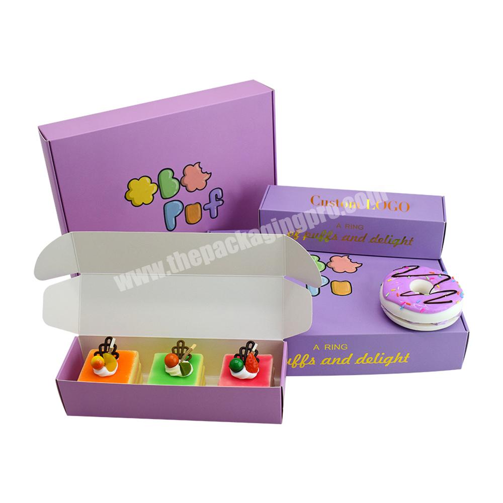 Wholesale Food Grade White Cardboard Custom Purple Bakery Cake Cookie Biscuit Puffs Box With Gold Foil Logo