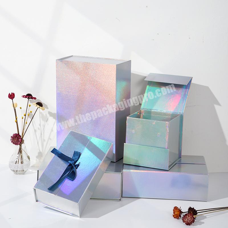 Wholesale Price Custom Logo Holographic Foldable Magnetic Ribbon Paper box Packaging Magnet Rainbow Hologram Gift Boxes