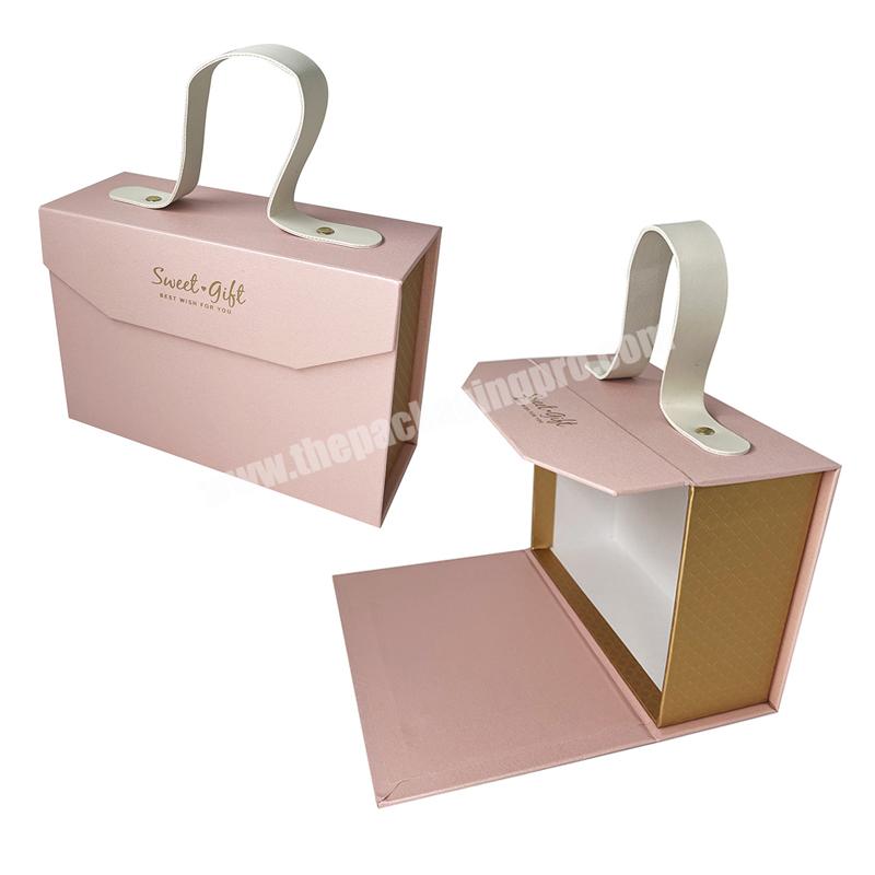 Wholesale custom birthday paper suitcase shaped magnetic cardboard gift boxes with leather handles