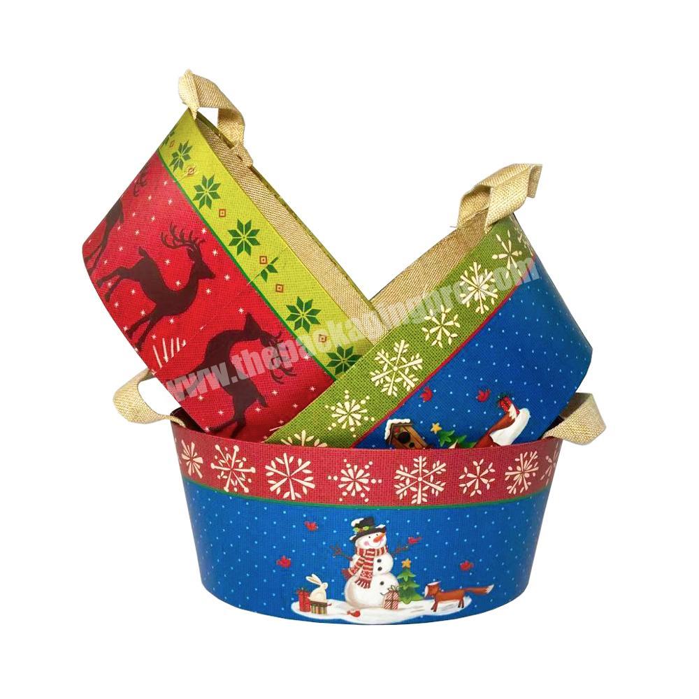ZL Custom Three kinds Patterns Printed Packaging Toys Clothes Candy Empty Christmas Cardboard Gift Baskets With Woven Handle