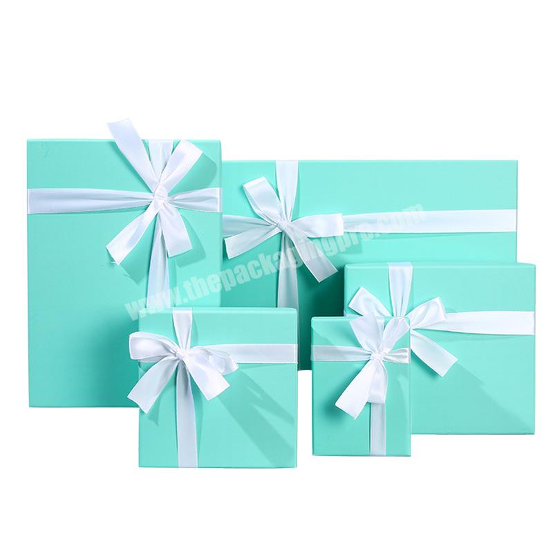 custom high quality elastic  wathet blue clothing gift card box packaging with ribbon