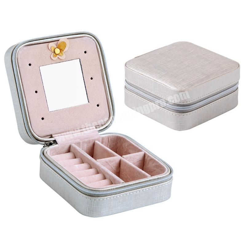 customisable zipper portable mirror leather jewelry box for travelling luxury storage box organizer