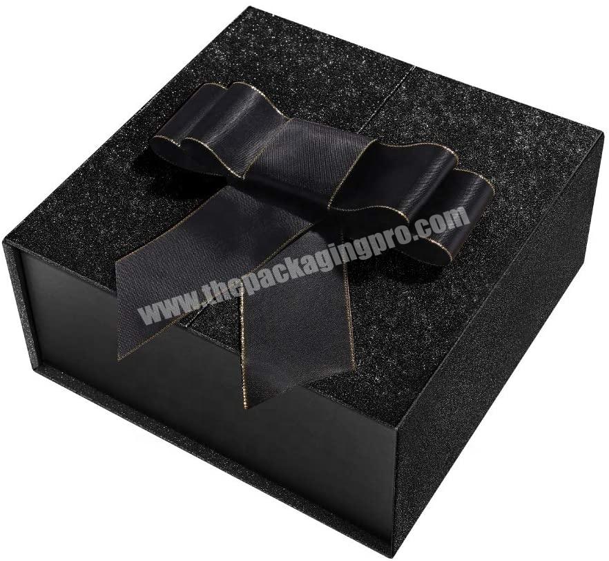 double-door open design glitter Gift Box with sparkly and shiny black Magnetic Lid and Ribbon, for birthday,wedding,party