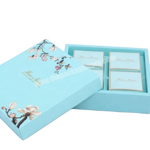 high quality custom logo food grade art paper durian mooncake sky blue packaging paper box with 4 dividers