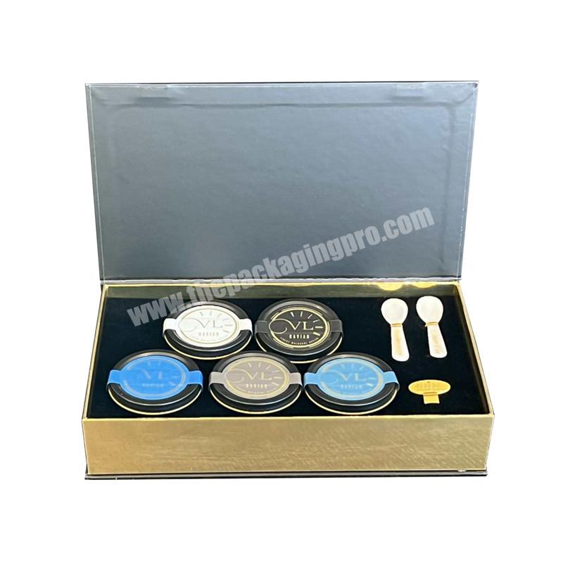 luxury wholesale black red caviar tin jar gift set gold packaging gift box with sleeve