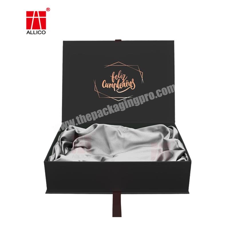 Allico Hot Selling Cheap Custom Logo Black Recycled Paper Magnetic Closure Gift Packaging Box For Skin Care With Ribbon