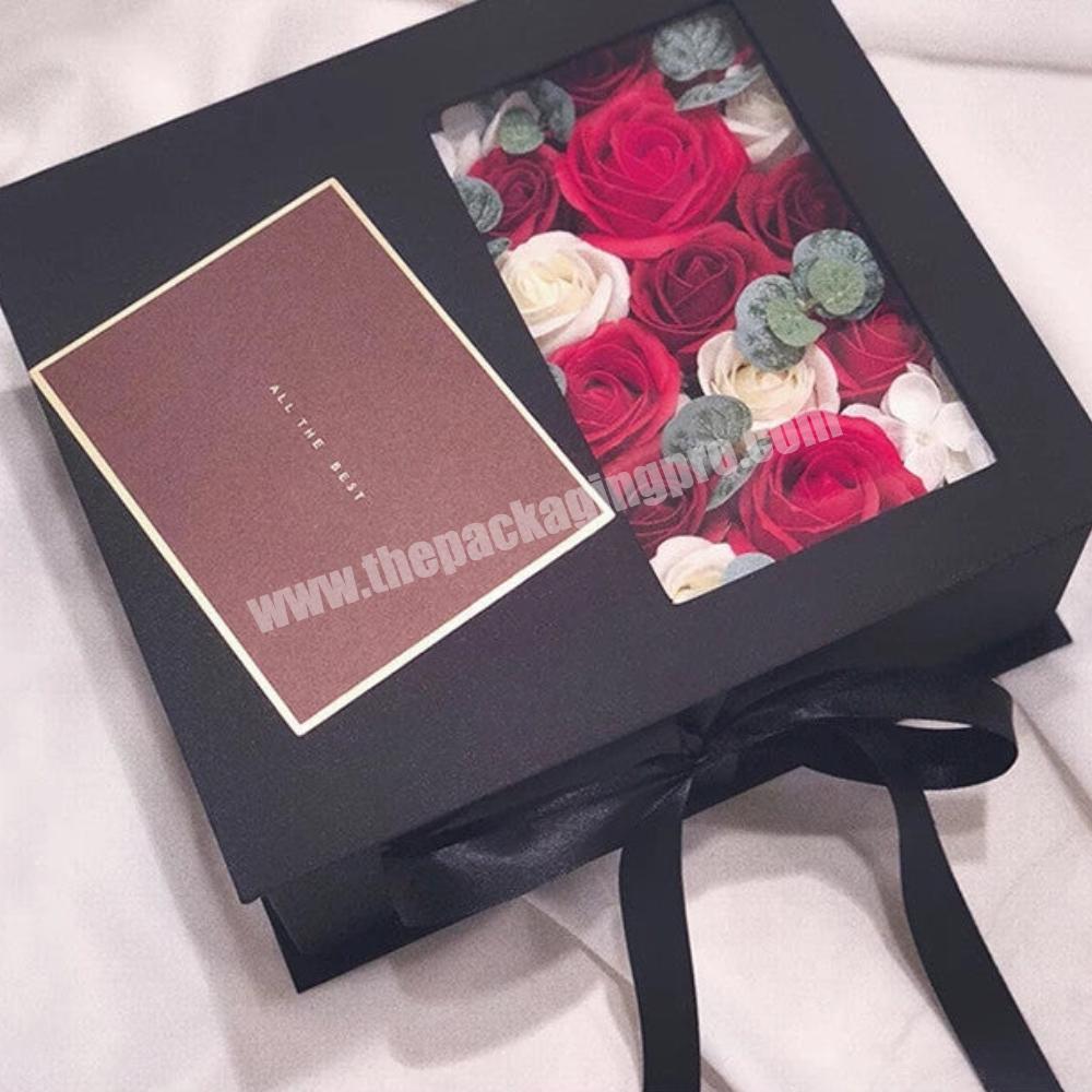 Black Matt Cardboard Design Paper Luxury Flower Gift Packaging Box Rose Box Packaging For Bouquet Gift Boxes With Ribbon