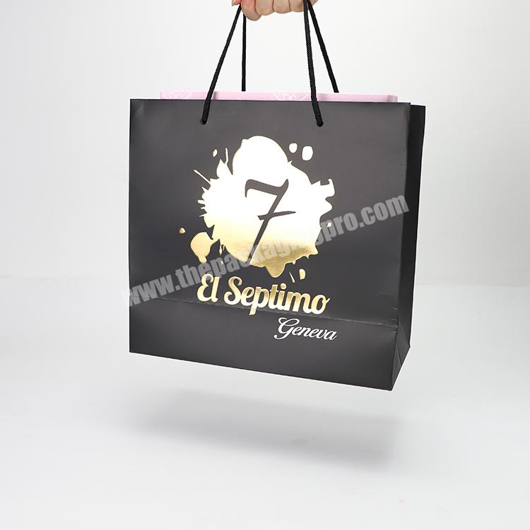 China Suppliers Customized Brand Gold Foil Logo Coated Paper Shopping Bags With Black String And Ribbon