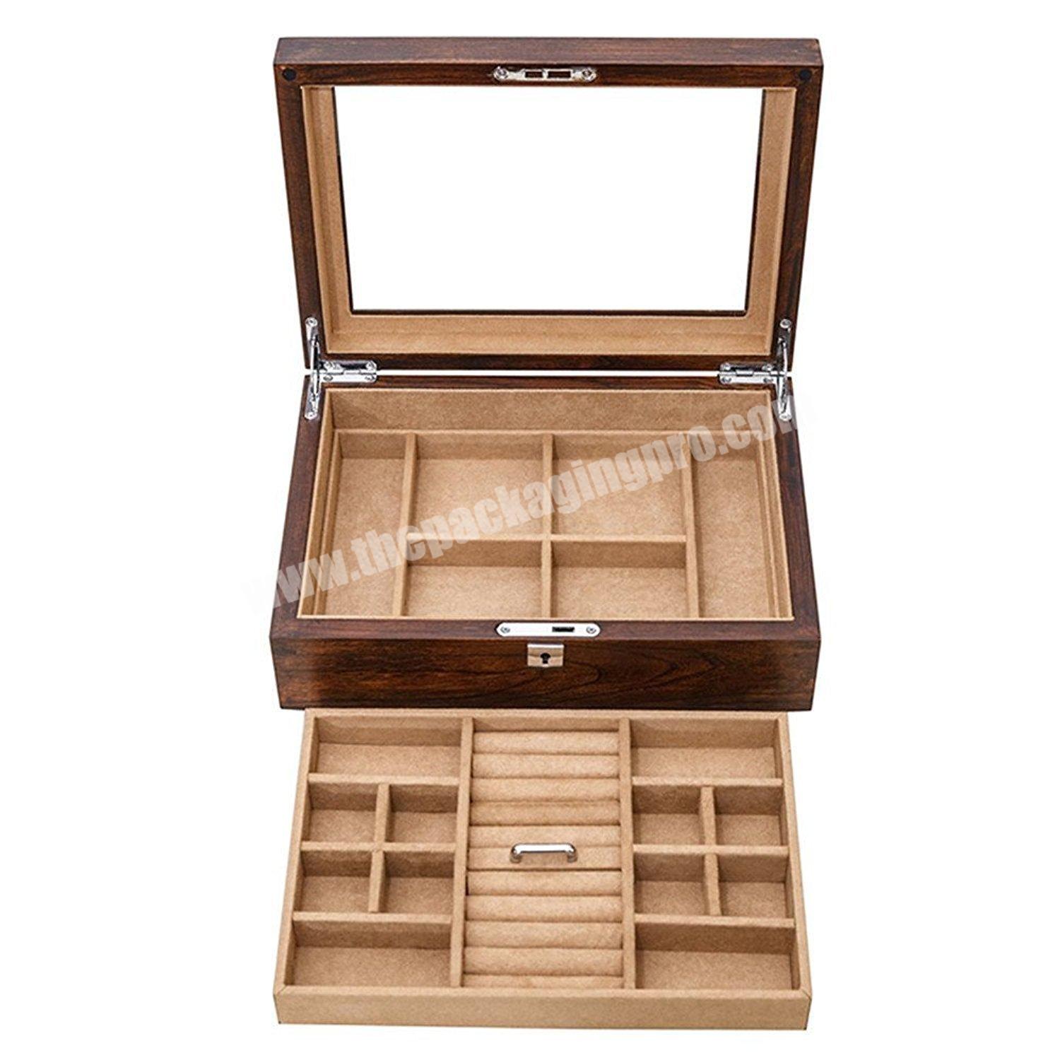 Custom 2 Layers Wooden Makeup Box Luxury Portable Jewelry Storage Display Box with Clear Window
