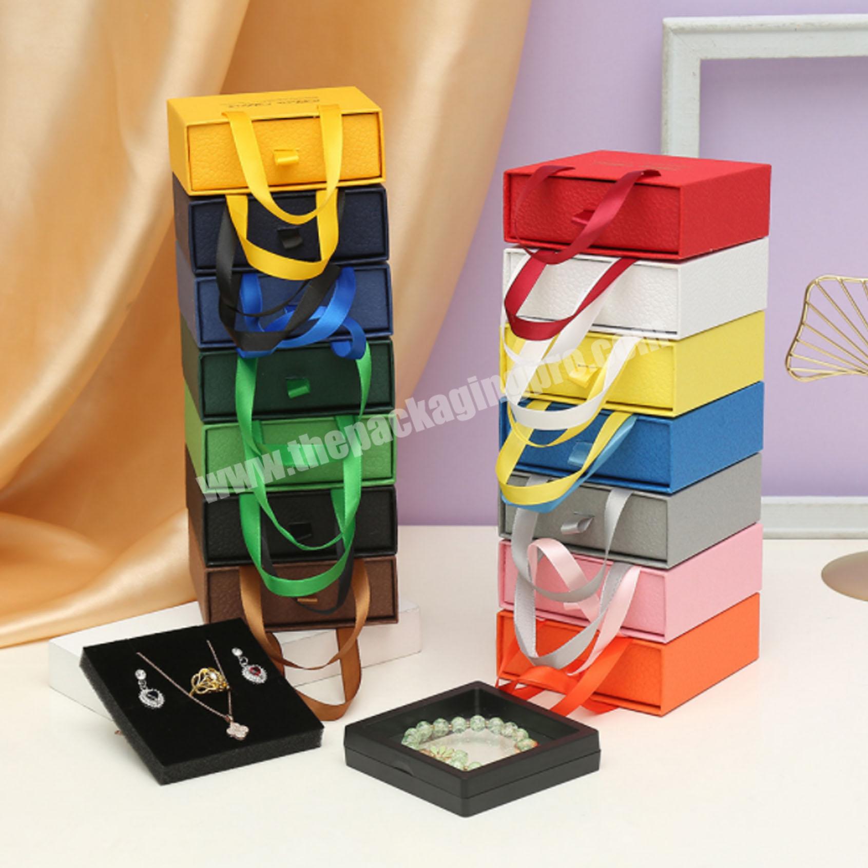 Custom Cardboard Ribbon Handle Paper Jewelry Bracelet Box With Black Foam or PE film Plastic Box