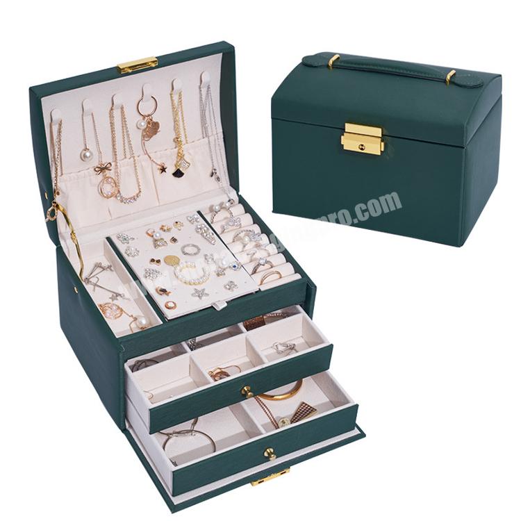 Custom Green Portable 2 Drawers Pu Leather Jewelry Storage Box for Travelling