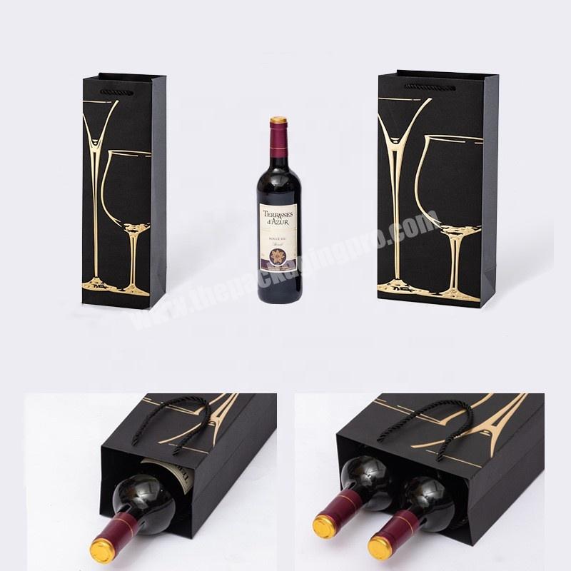 Custom High Quality Single Bottle Gold Foil Strong Thick 250g Kraft Black Paper Wine Bag With Logo Printed