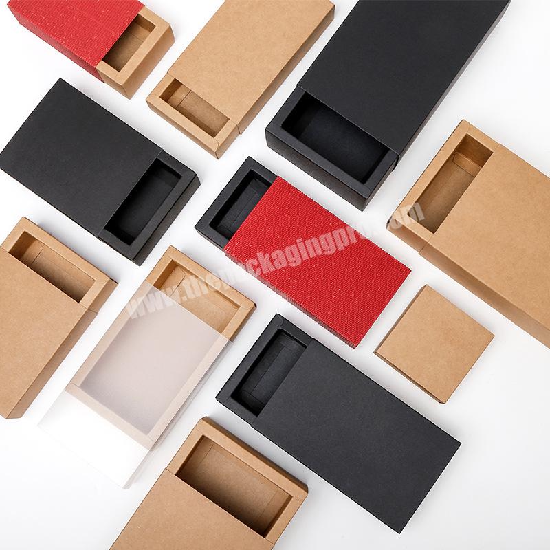 Custom Logo Kraft Paper Black Cardboard Food Tea Socks Packaging Sliding Drawer Box With Clear PVC Sleeve