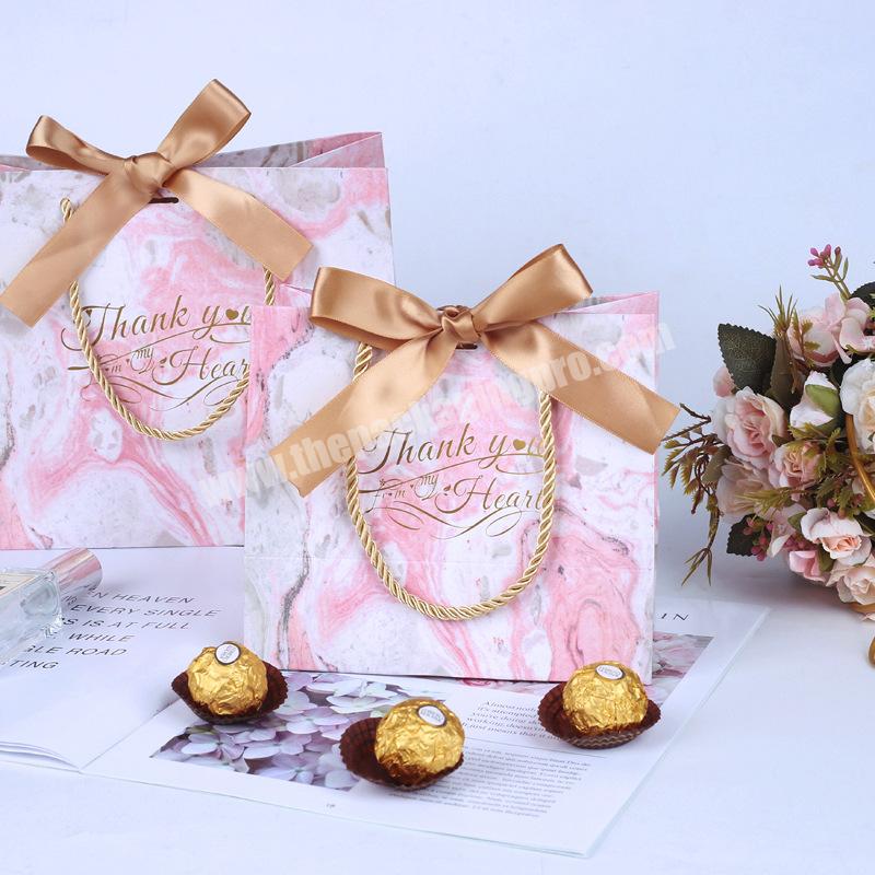 Custom Logo Luxury Pink Marble Paper Gift Bag Wedding Candy Bag With Ribbon Closure