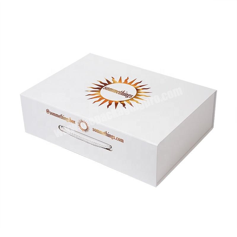 Custom Luxury Elegant White Cardboard Fold Down Flat  Gift Box With Rope Handle For Clothing Shoes Hair Gift Box
