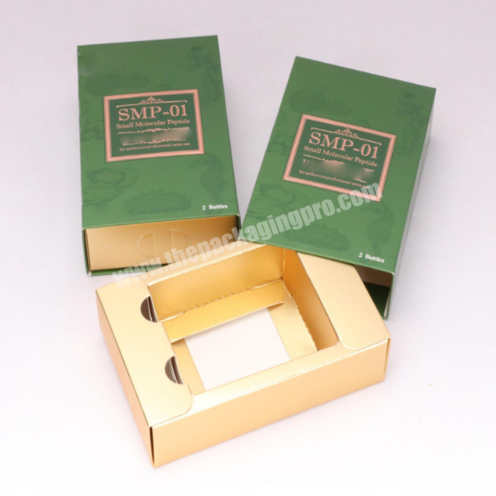 Custom Luxury Gold Folding Small Oil Molecular Peptide 2 Bottles Paper Box With Finger Dents