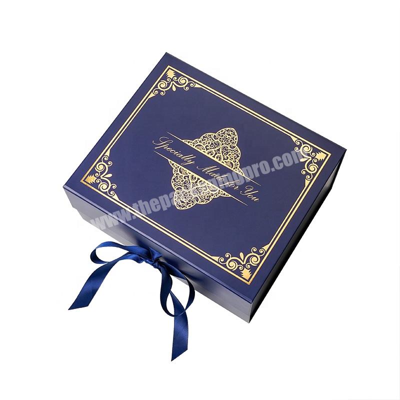 Custom Luxury Navy Blue Color Clothes Packaging Paper Fold Storage Gift Box Cardboard Box with Ribbon