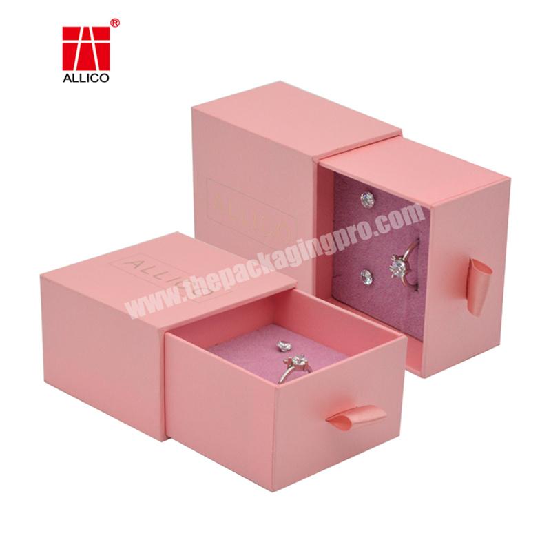 Custom Small Pink Cardboard Ring Drawer Wrapped Jewelry Box And Bag With Printed Logo