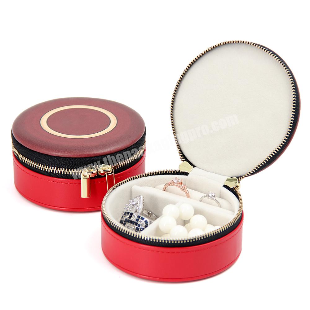 Custom leather round travel zipper jewelry box packaging luxury velvet leather ring boxes jewellery packaging ring round box
