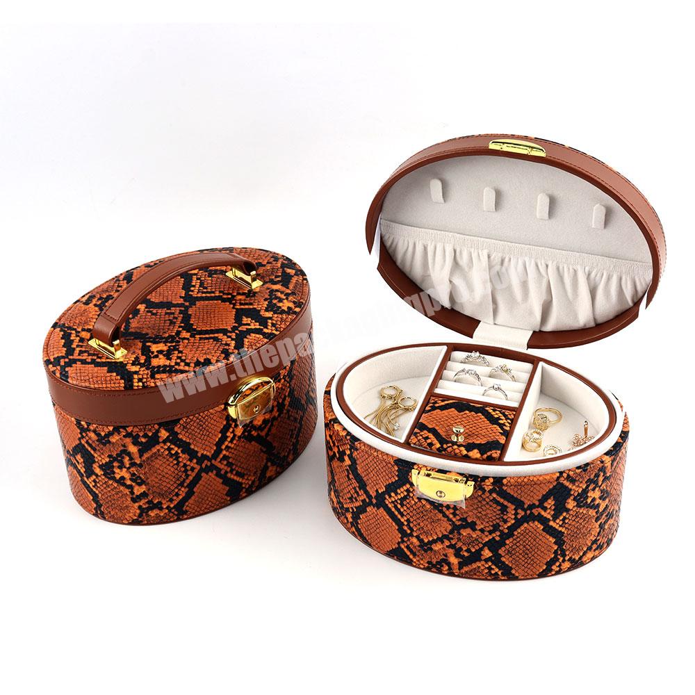 Custom logo jewelry luggage box brown pu leather handle fancy jewelry packaging box leather travel jewelry box