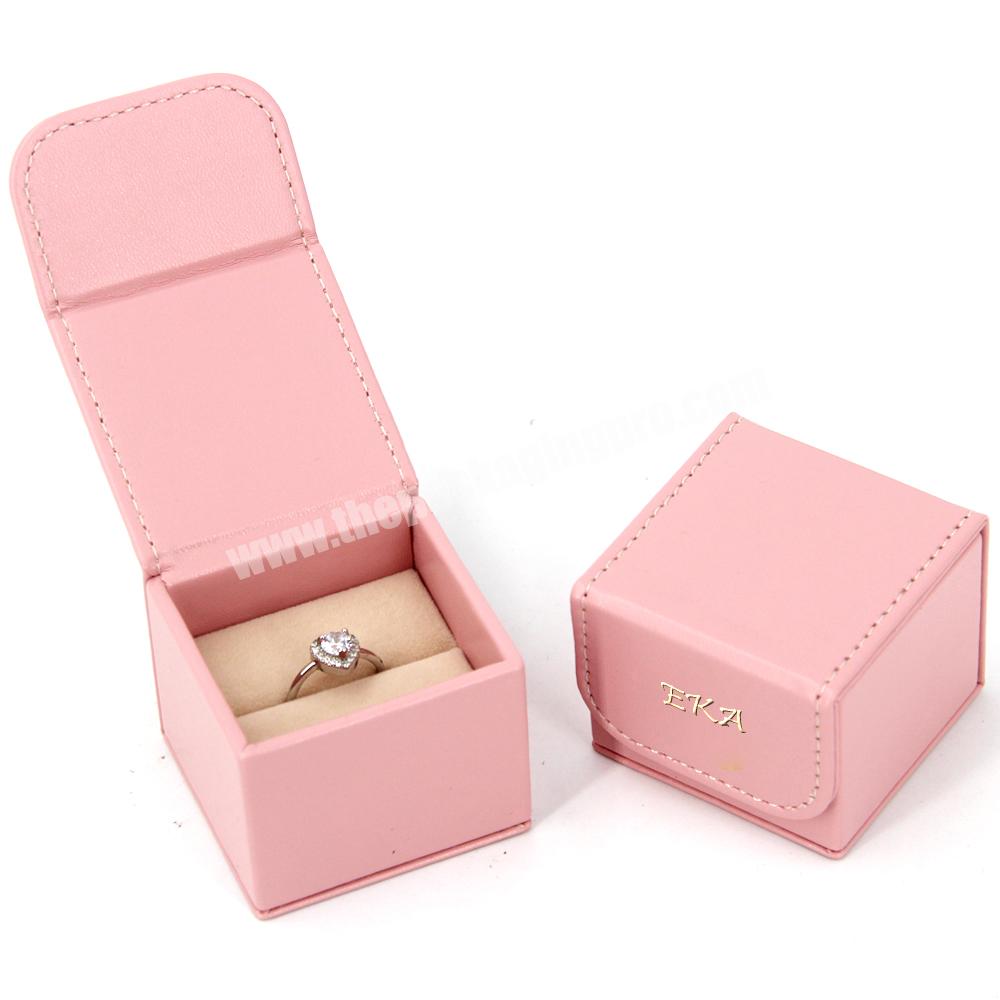Custom logo printed jewelry boxes leather magnetic flip ring earring jewelry packaging box luxury gift pink leather jewelry box