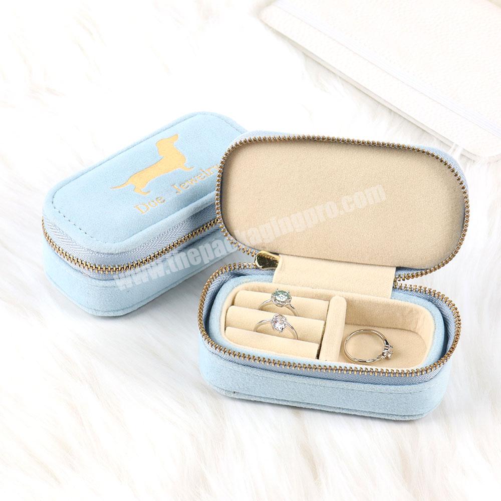 Custom logo velvet jewelry box blue mini jewelry display box package home decorative accessories velvet jewelry gift box