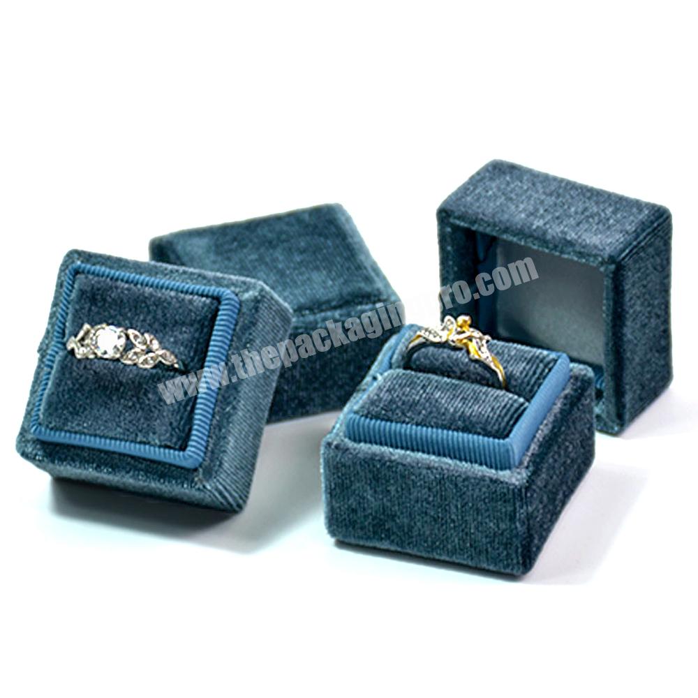 Custom logo wedding ring gift velvet jewelry packaging box luxury blue velvet jewelry gift box personalized velvet jewelry box