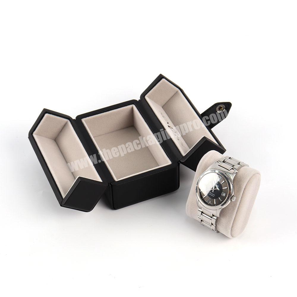 Custom luxury leather black watch case box travel leather watch roll box black glossy luxury big watch box packaging