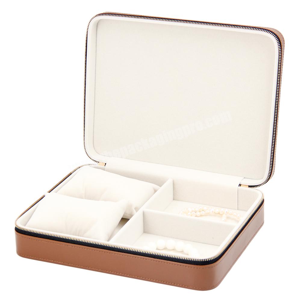Custom pu leather light brown jewelry box luxury light brown velvet jewelry box storage case leather shipping jewelry watch box