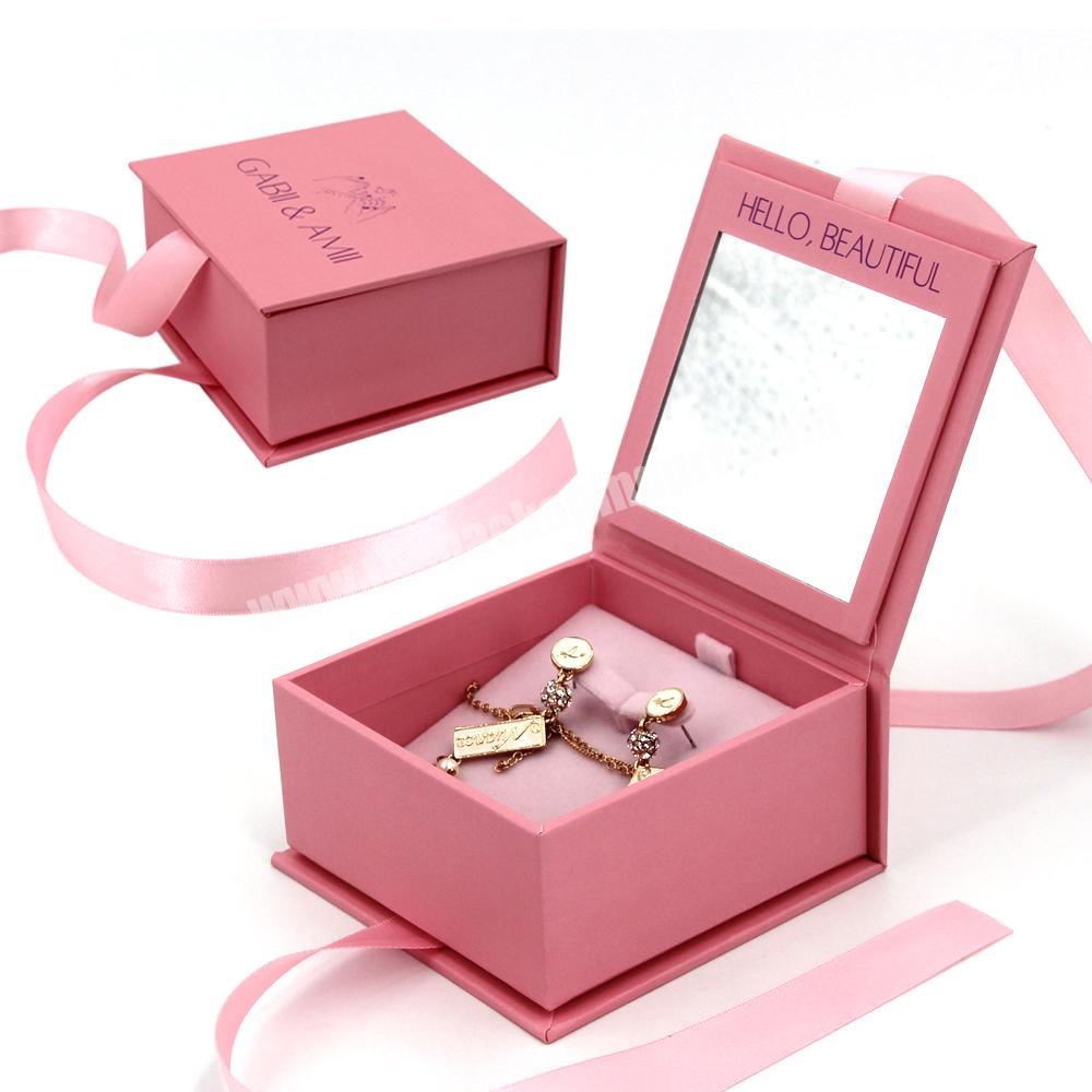 Custom ribbon wedding ring box with mirror small magnetic necklace jewelry box earrings packaging luxury jewelry paper boxes