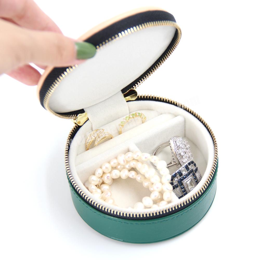 Custom round mini zipper leather jewelry box packaging ring earring necklace portable small jewelry box jewelry packaging box