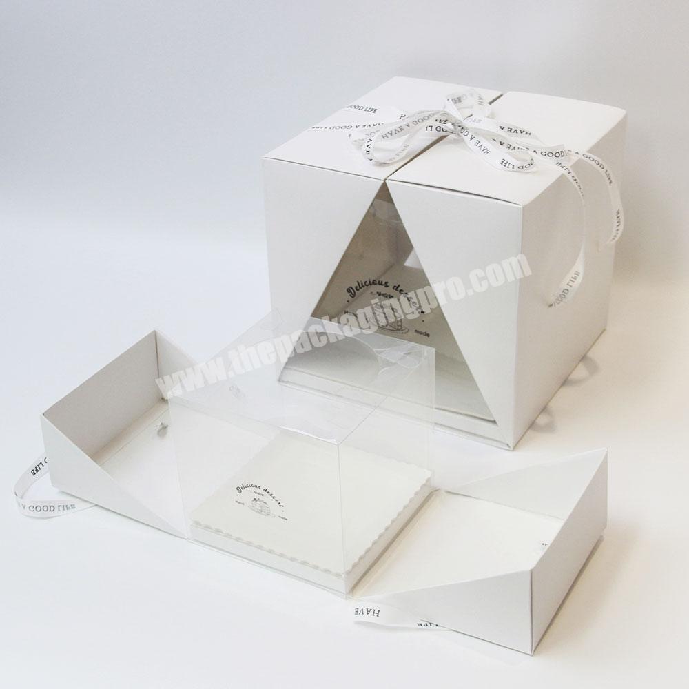 Custom small plastic transparent square foldable cake box packaging for birthday gift cake display with ribbon handle