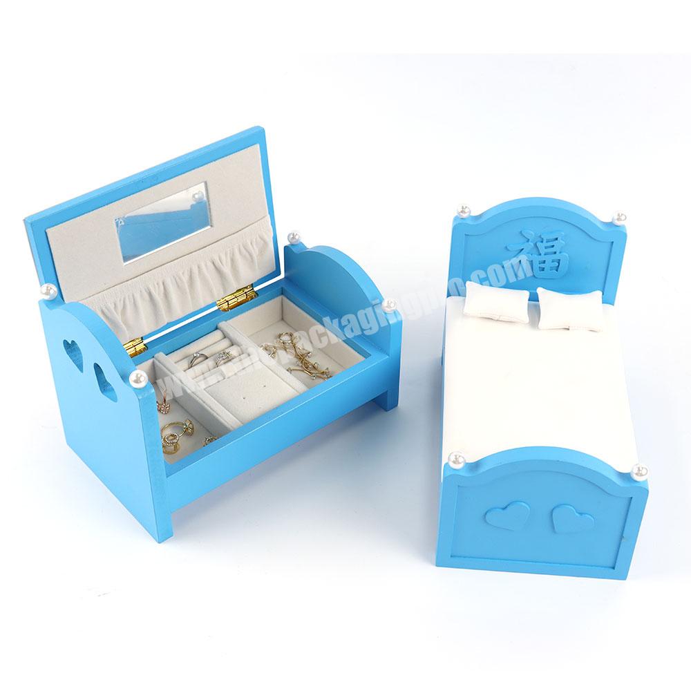 Customization solid wood bed gift box blue delicate large jewelry box jewelry organizer modern jewelry storage gift box