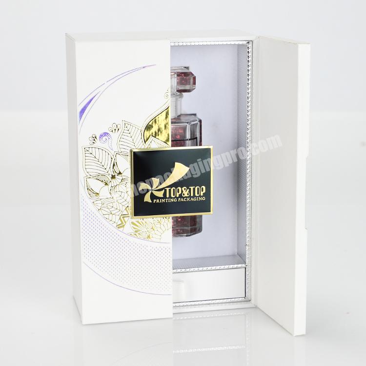 Design Custom Logo Rigid Paper White Cardboard Book Shaped Double Open Door Perfume Gift Box Packaging with Drawer Box