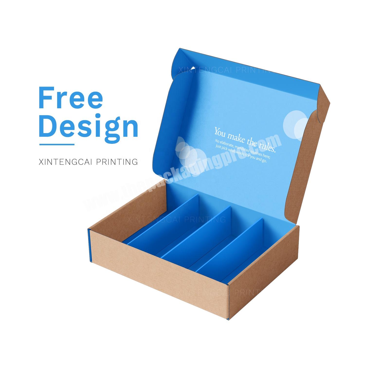 Free Design Blue Custom Printed Cosmetic Shipping Corrugated Paper Box with Divider, Colored Mailer Packaging Box with Insert