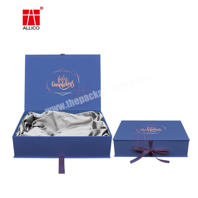 High-end custom blue ribbon bow gift box luxury wig packaging boxes with satin lined