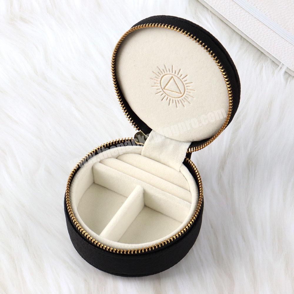 High-end luxury travel leather storage jewelry box black round zipper storage box fine jewelry gift box packaging