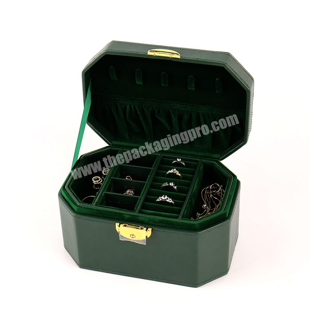 High quality leatherette travel bag jewelry boxes fashion luxury jewelry gift boxes packaging green jewelry display box