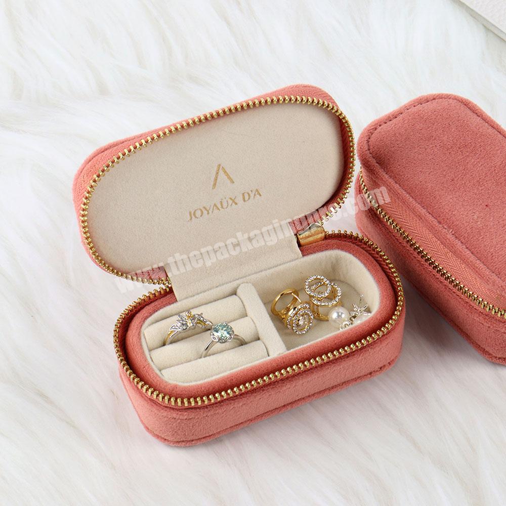 High quality paper velvet jewelry box portable zipper jewelry box plush small storage pink jewelry gift box organizer