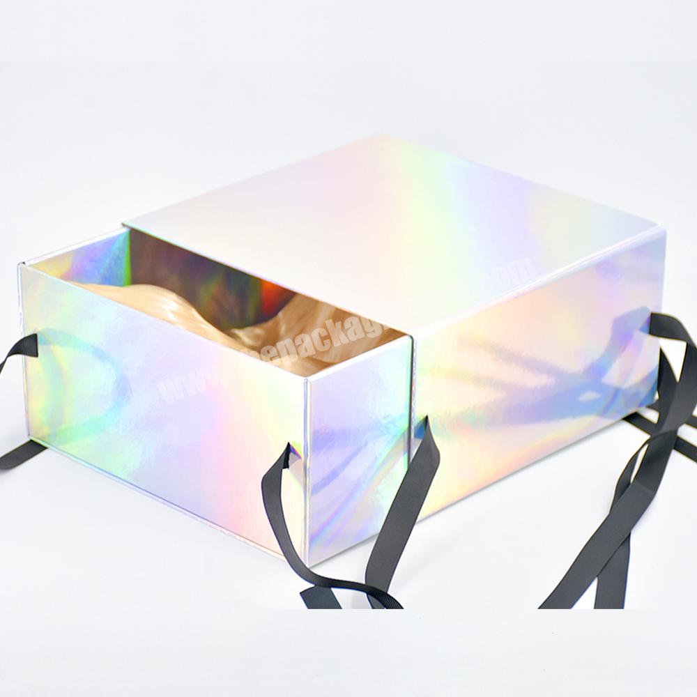 Holographic ribbon square drawer flower gift surprise box packaging for magnetic paper foldable gift box luxury custom gift box